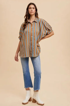 Annie Wear Oversized Drop Shoulder Striped Woven Shirt - DAVERRI FASHIONS