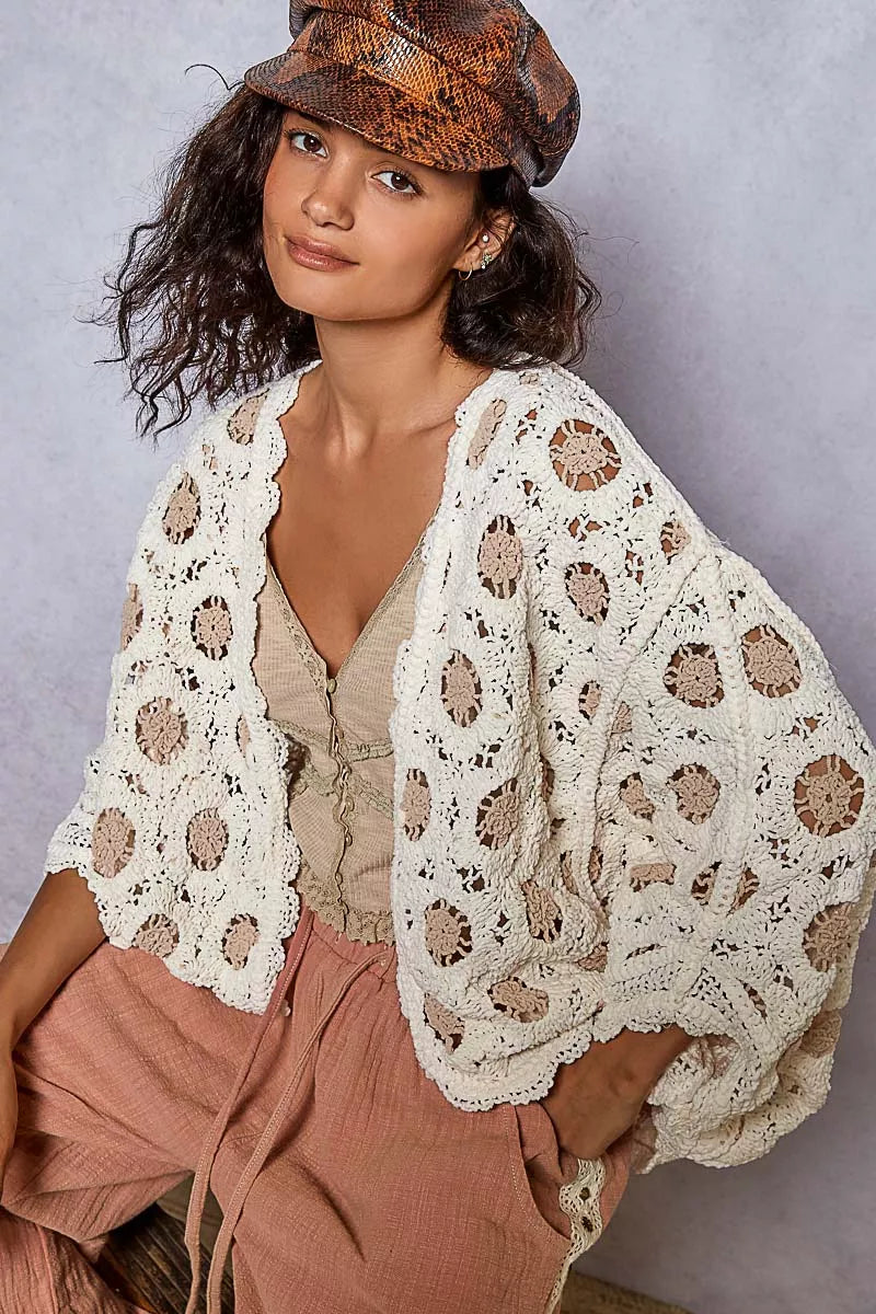 POL Openwork V-Neck Chenille Cardigan with Contrast Floral | Cardigans Daverri Fashions