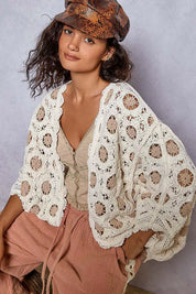 POL Openwork V-Neck Chenille Cardigan with Contrast Floral | Cardigans Daverri Fashions