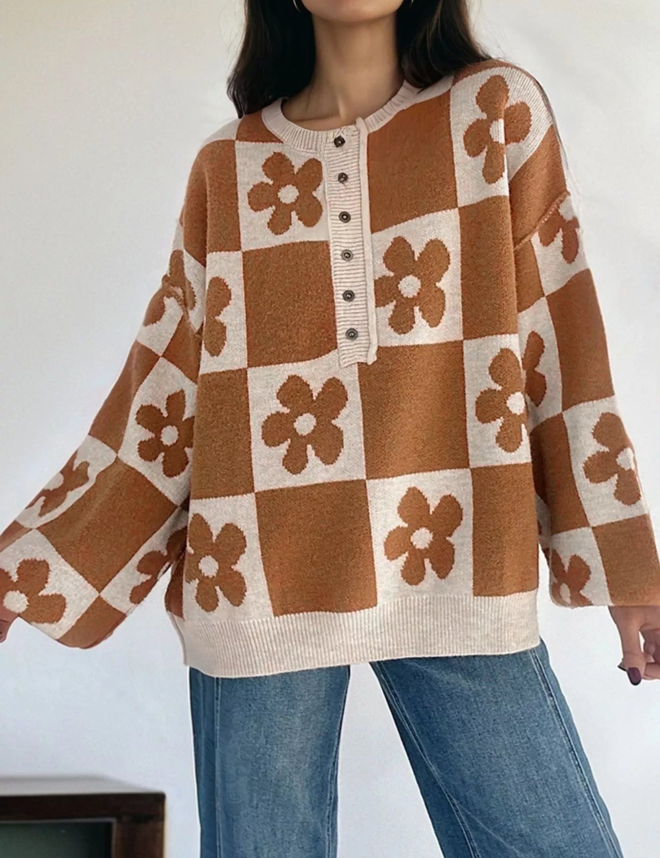 Flower Plaid Henley Baggy Sweater | Sweaters Daverri Fashions