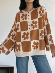 Flower Plaid Henley Baggy Sweater | Sweaters Daverri Fashions