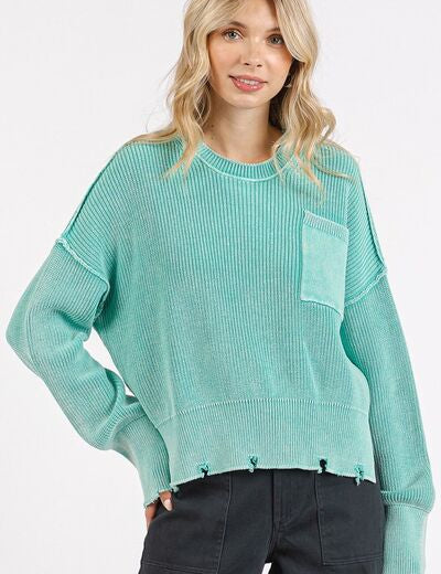 Mittoshop Distressed Hem Round Neck Dropped Shoulder Sweater SEAFOAM S Sweaters