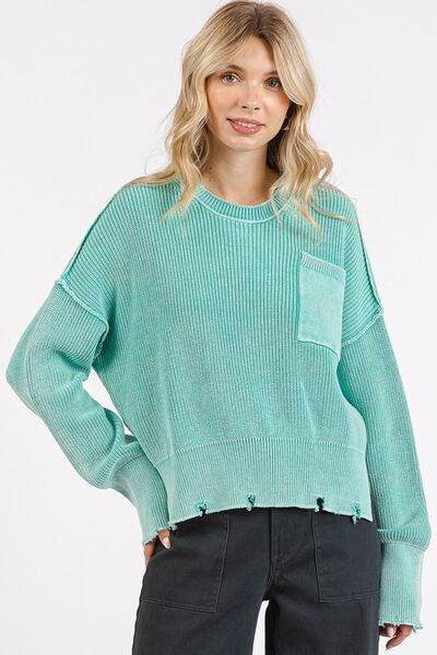 Mittoshop Distressed Hem Round Neck Dropped Shoulder Sweater SEAFOAM S Sweaters