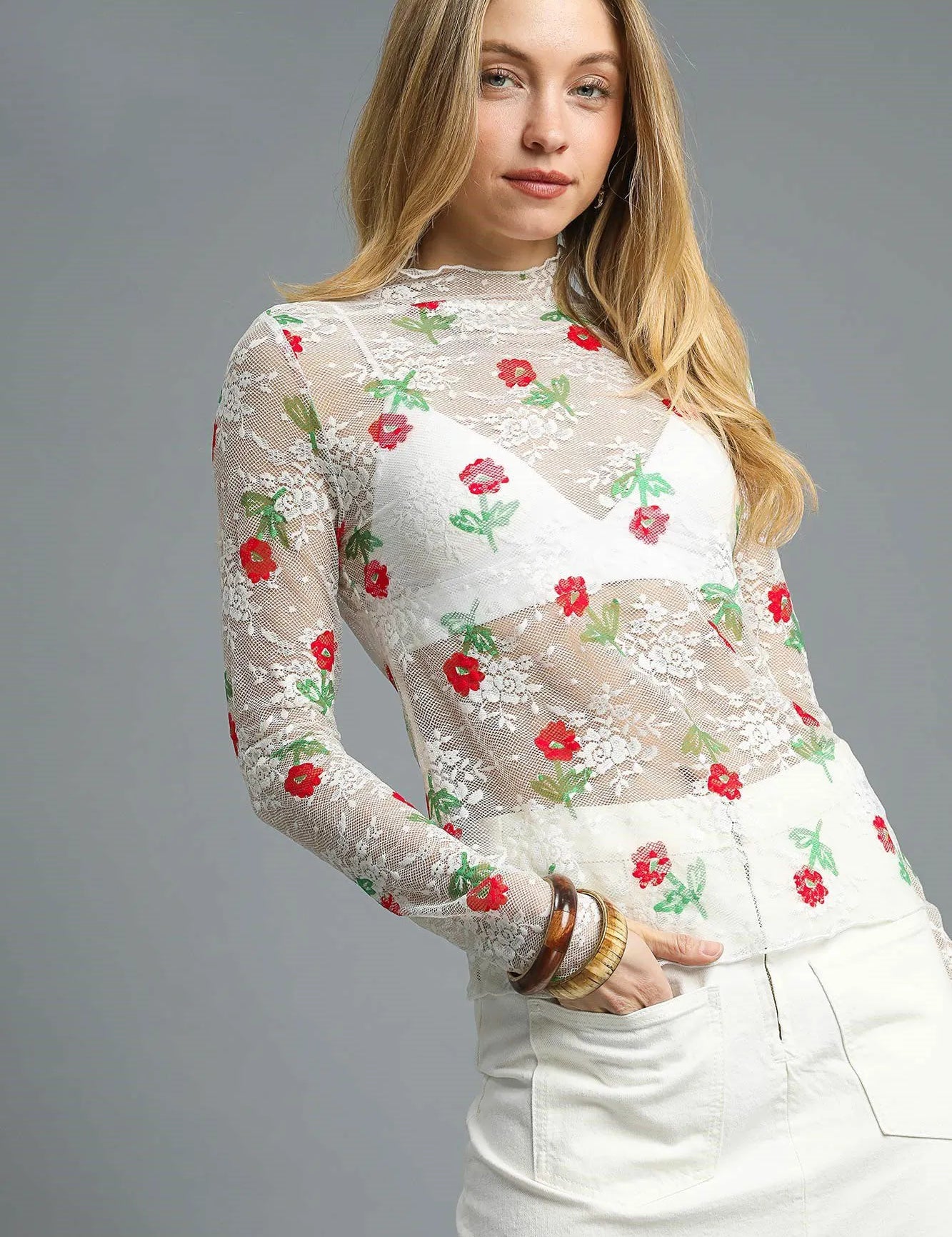 White Umgee Floral Mock Neck Long Sleeve Sheer Top | Tops Daverri Fashions