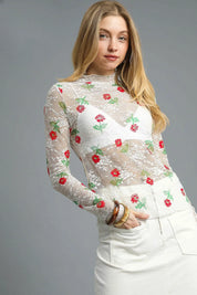 White Umgee Floral Mock Neck Long Sleeve Sheer Top | Tops Daverri Fashions