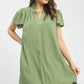 Umgee sage green flutter sleeve V-neck shift dress, pleated with ruffles