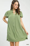 Umgee sage green flutter sleeve V-neck shift dress, pleated with ruffles