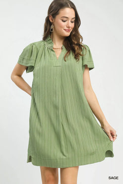 Umgee sage green flutter sleeve V-neck shift dress, pleated with ruffles