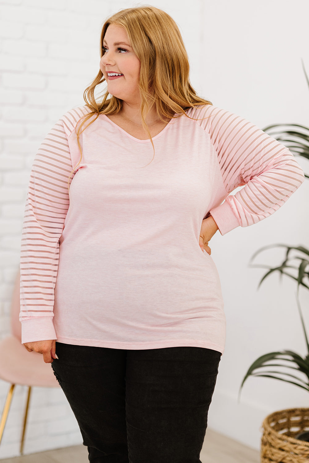 Plus Size Sheer Striped Sleeve V-Neck Top | Tops Daverri Fashions