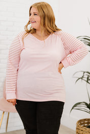 Plus Size Sheer Striped Sleeve V-Neck Top | Tops Daverri Fashions