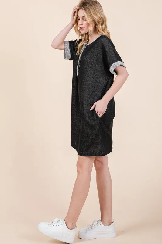 Casual Contrast Trim Henley Dress BLACK