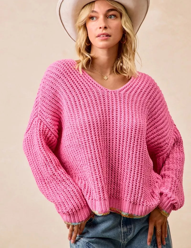 PINK BiBi V-Neck Sweater with Colorful Trim | Daverri Fashions