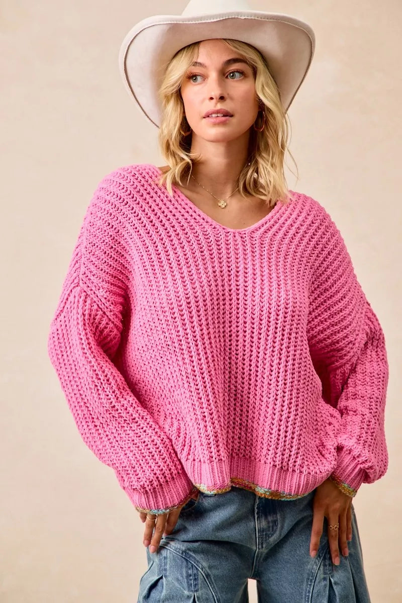 PINK BiBi V-Neck Sweater with Colorful Trim | Daverri Fashions