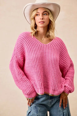 BiBi V-Neck Sweater with Colorful Trim - DAVERRI FASHIONS