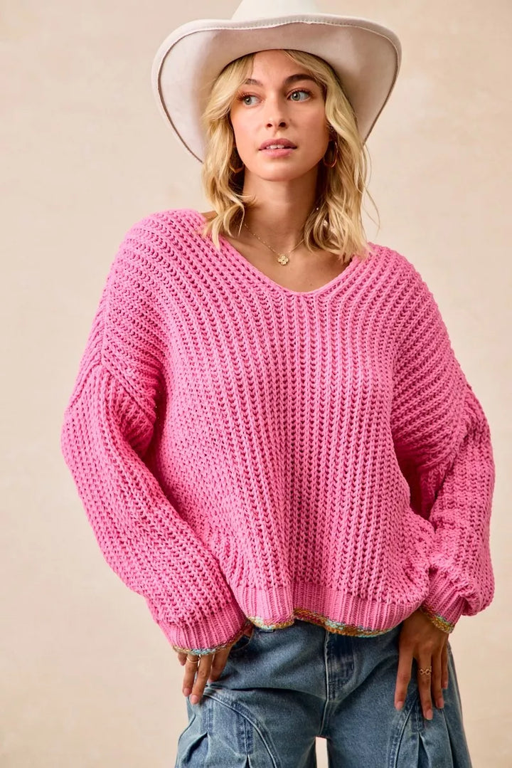PINK BiBi V-Neck Sweater with Colorful Trim | Daverri Fashions