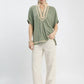 Umgee mint linen cotton blend V-neck blouse with beige trim and ruffles
