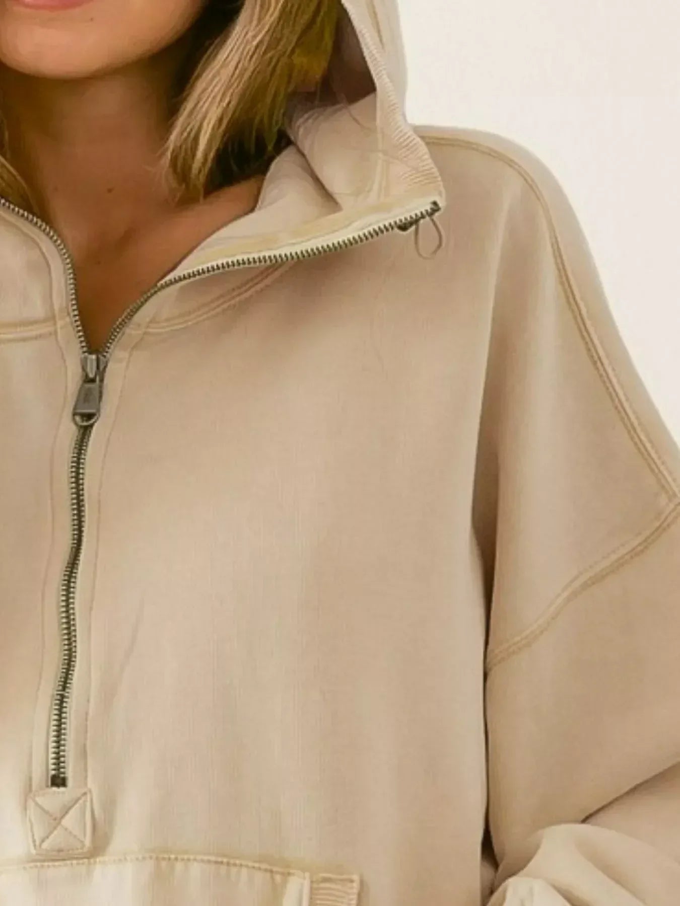 BiBi Stitch Detailed Elastic Hem Half Zip Fleece Hoodie Oatmeal - DAVERRI FASHIONS
