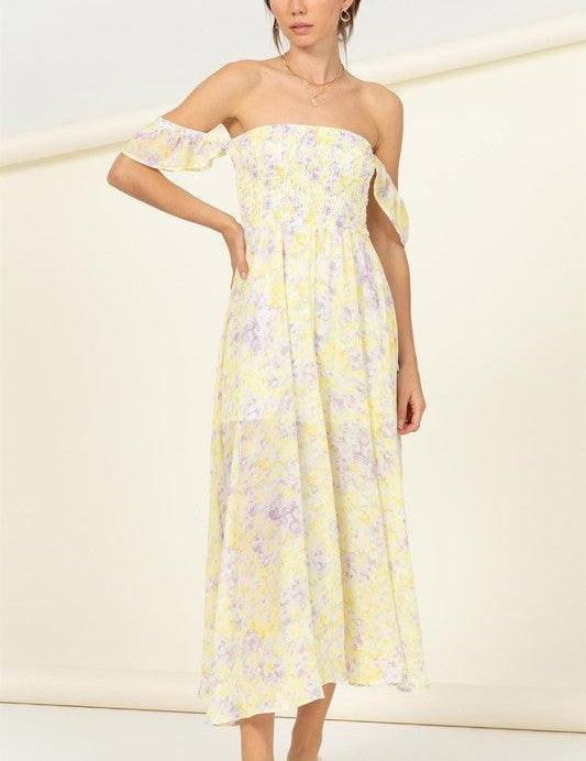 Pastel Florals Smocked Midi Dress YELLOW Midi Dresses