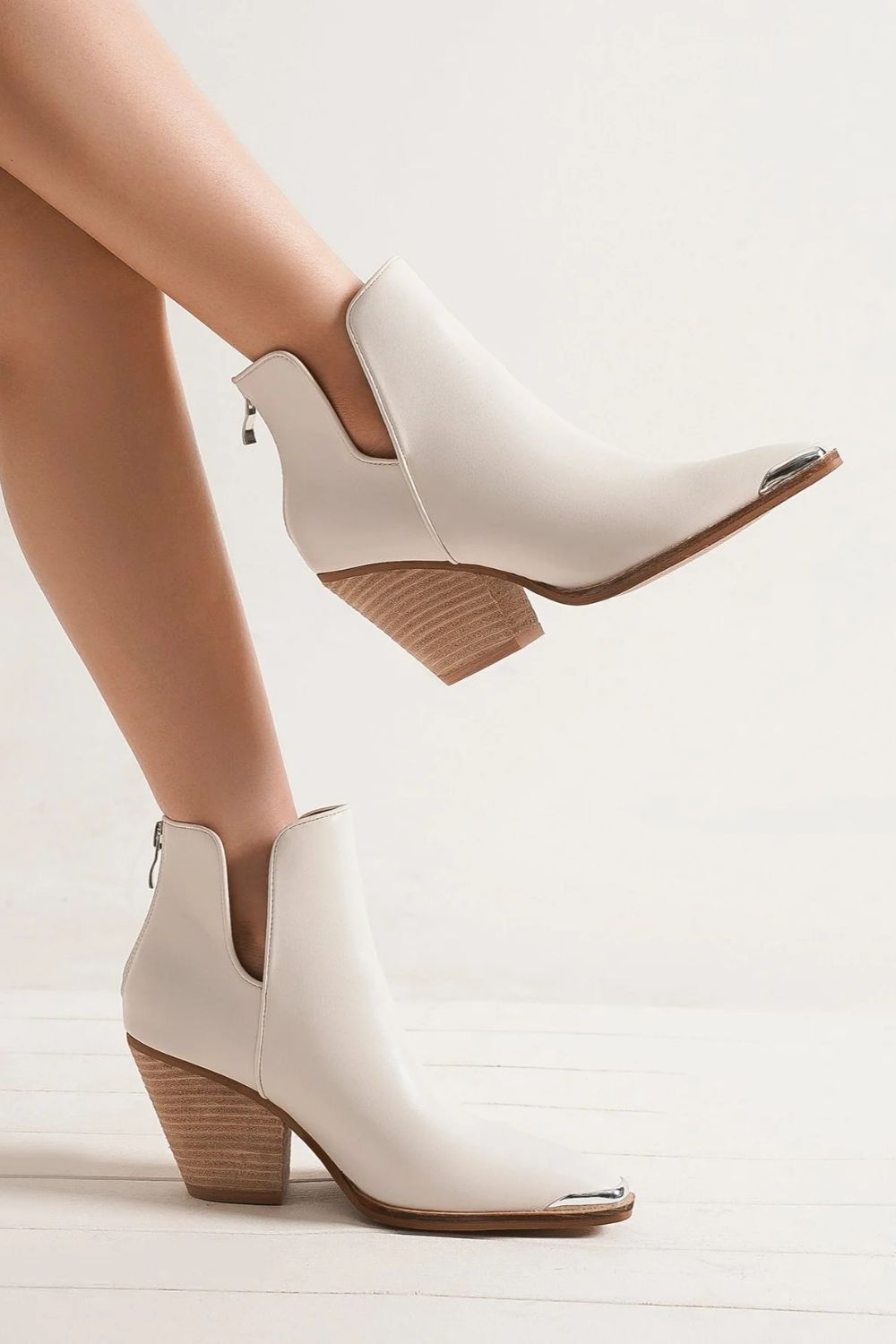 Beast Fashion Pointed Metal-Tip Toe Block Heel Ankle Boots White Footwear