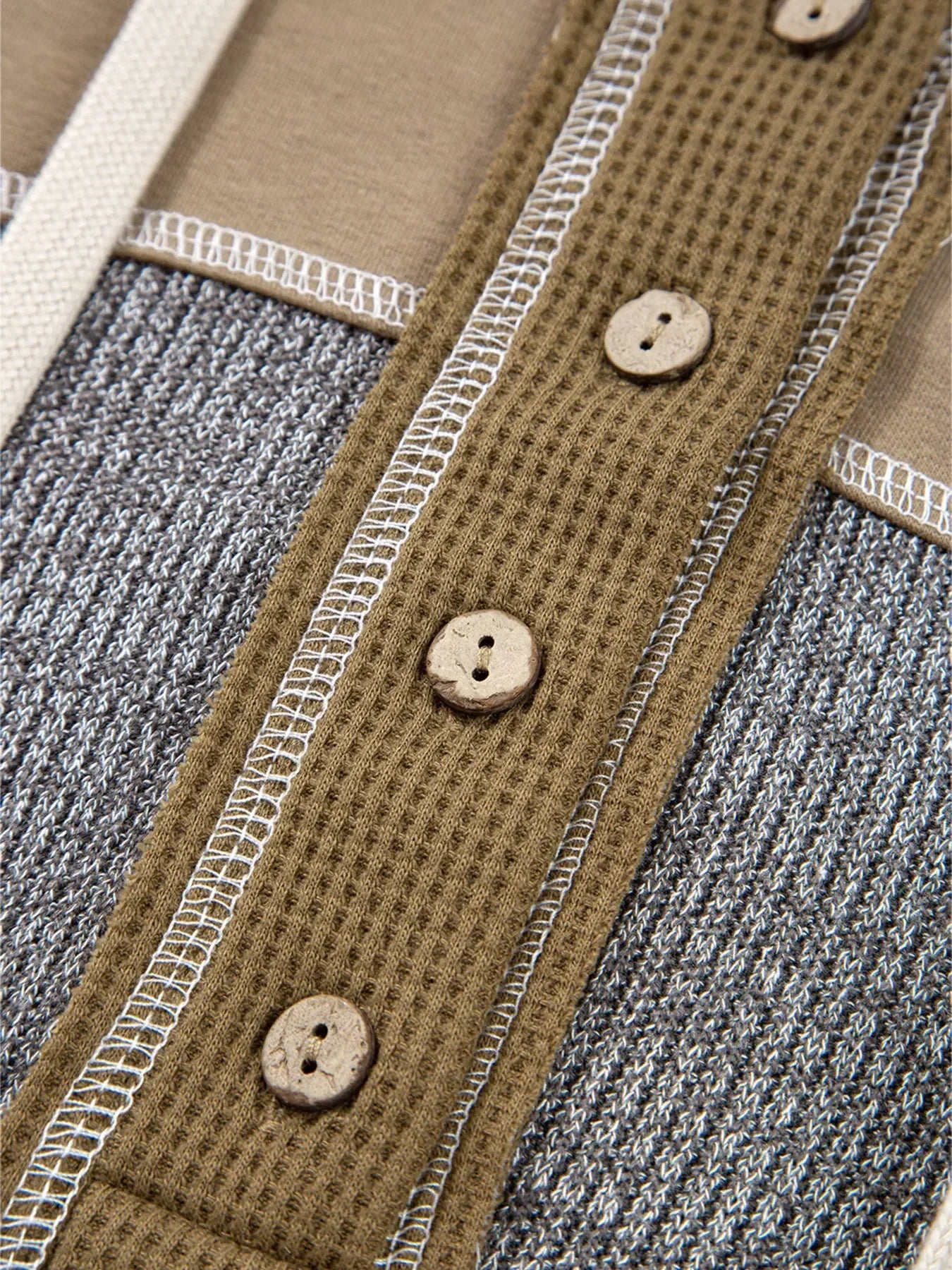 Mixed Texture Patchwork Exposed Seam Half Button Hoodie - DAVERRI FASHIONS