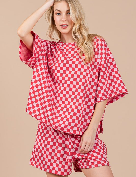 Ces Femme Checkered Round Neck Top and Shorts Set Red