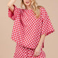 Ces Femme Checkered Round Neck Top and Shorts Set Red Outfit Sets