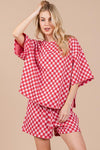 Ces Femme Checkered Round Neck Top and Shorts Set - DAVERRI FASHIONS