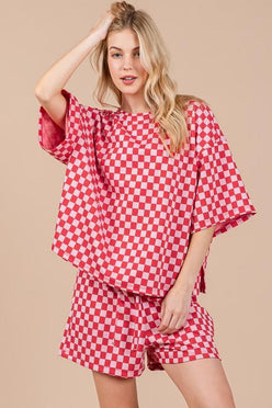 Ces Femme Checkered Round Neck Top and Shorts Set - DAVERRI FASHIONS
