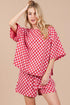 Ces Femme Checkered Round Neck Top and Shorts Set Red Outfit Sets