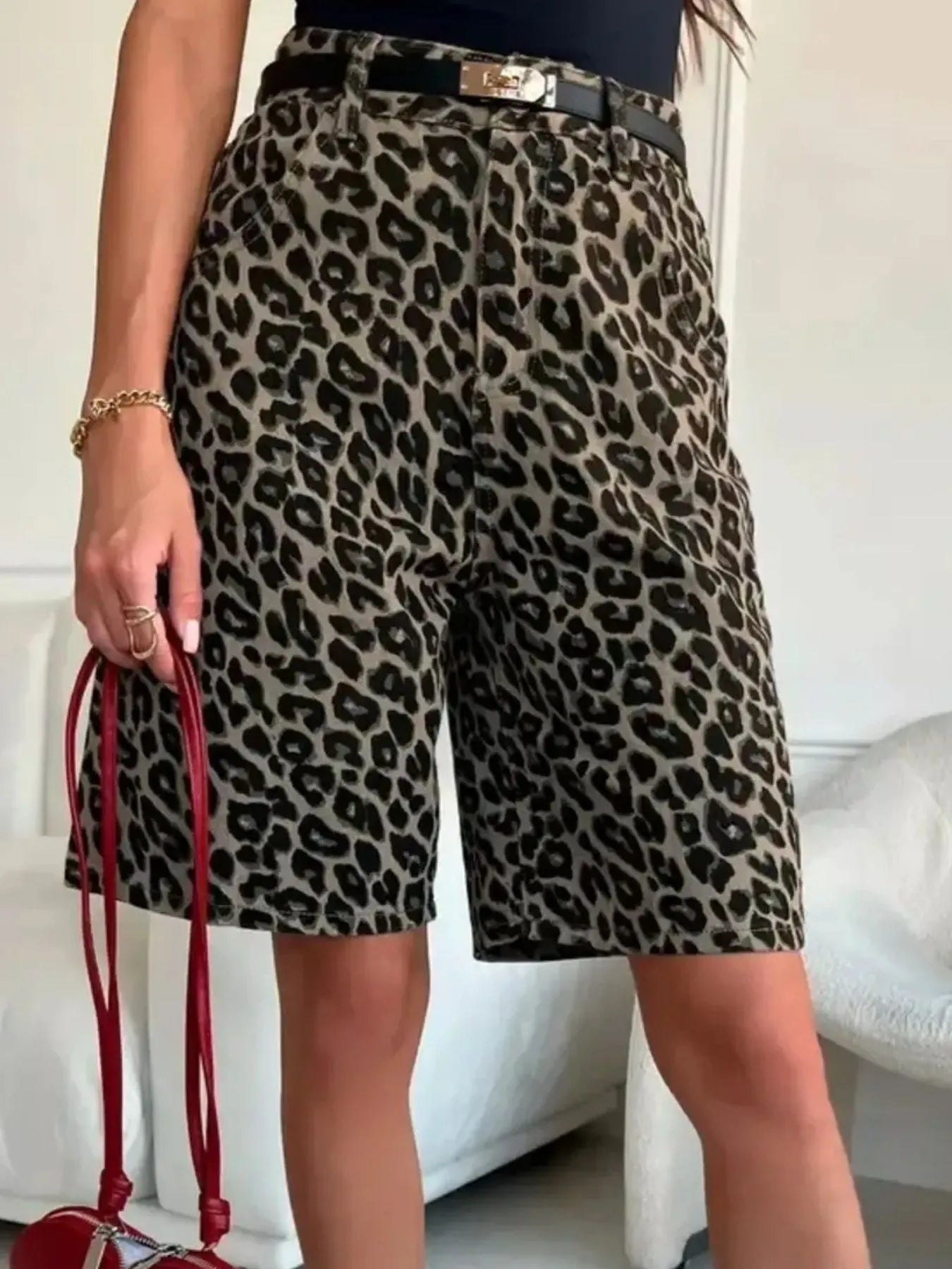 Leopard Print High-Waisted Denim Shorts | Shorts Daverri Fashions