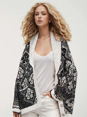 Black One Size Open Front Long Sleeve Graphic Cardigan | Cardigans Daverri Fashions