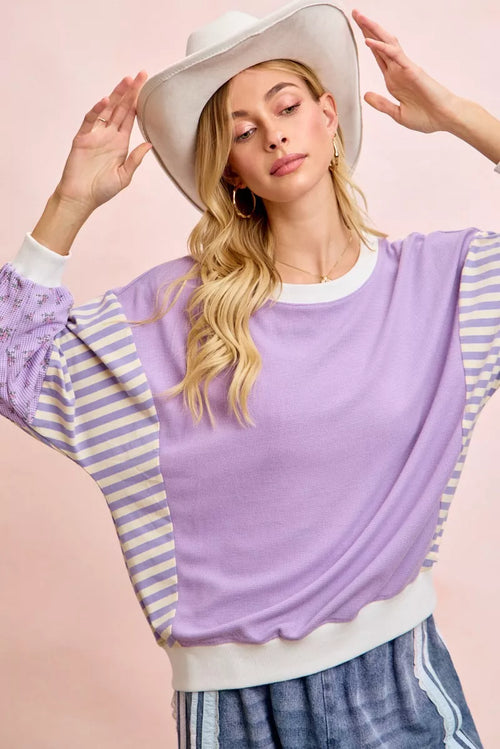 BiBi lavender white striped long-sleeve sweatshirt with floral sleeves