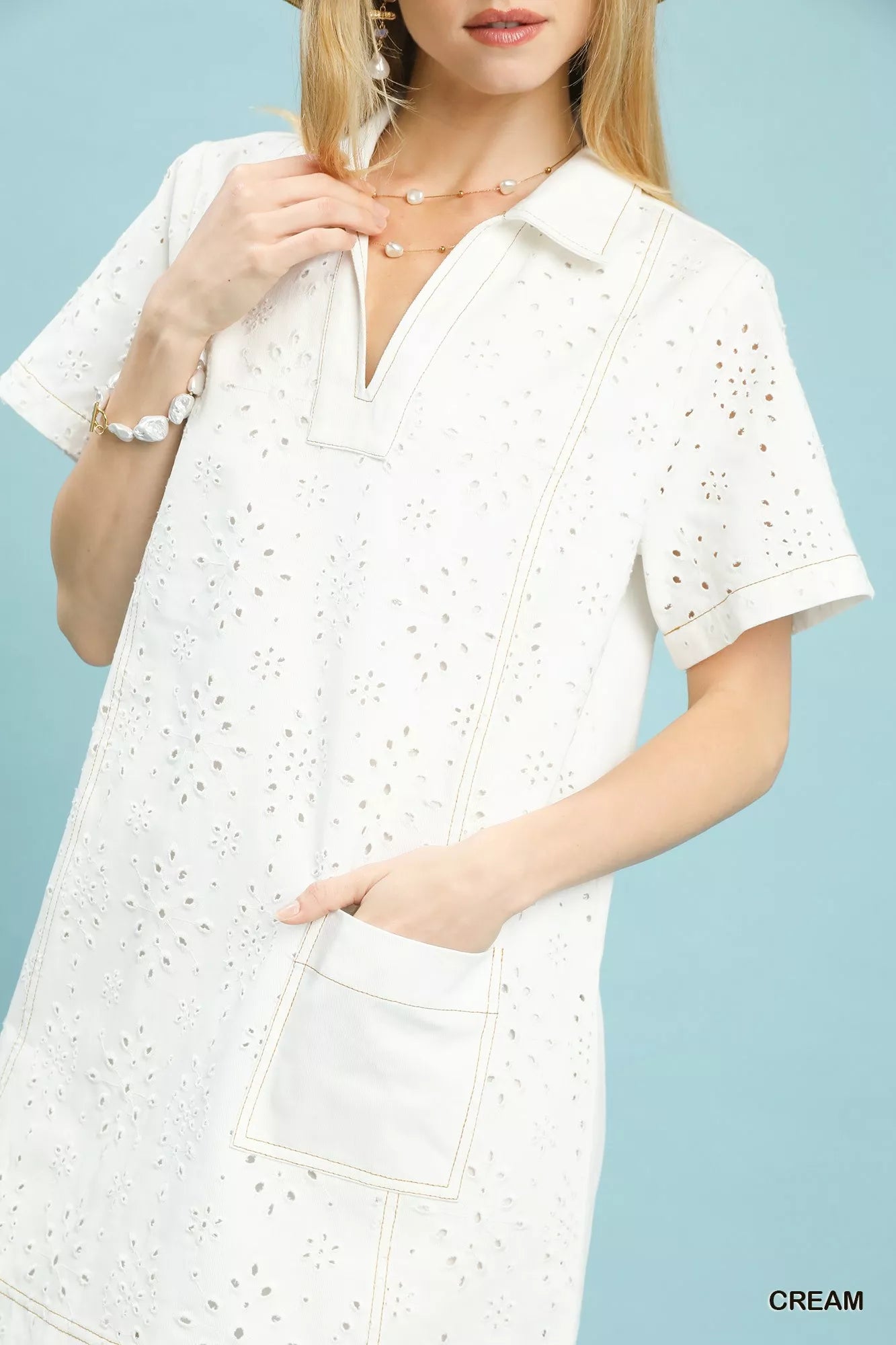 White Umgee eyelet short sleeve shift dress with collar and pocket