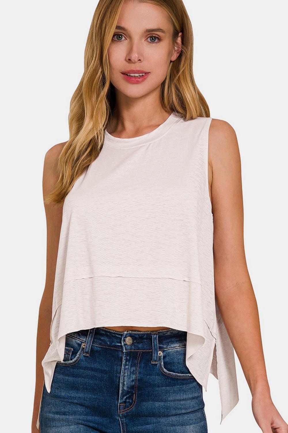 Zenana Slit High-Low Round Neck Tank Tank Tops