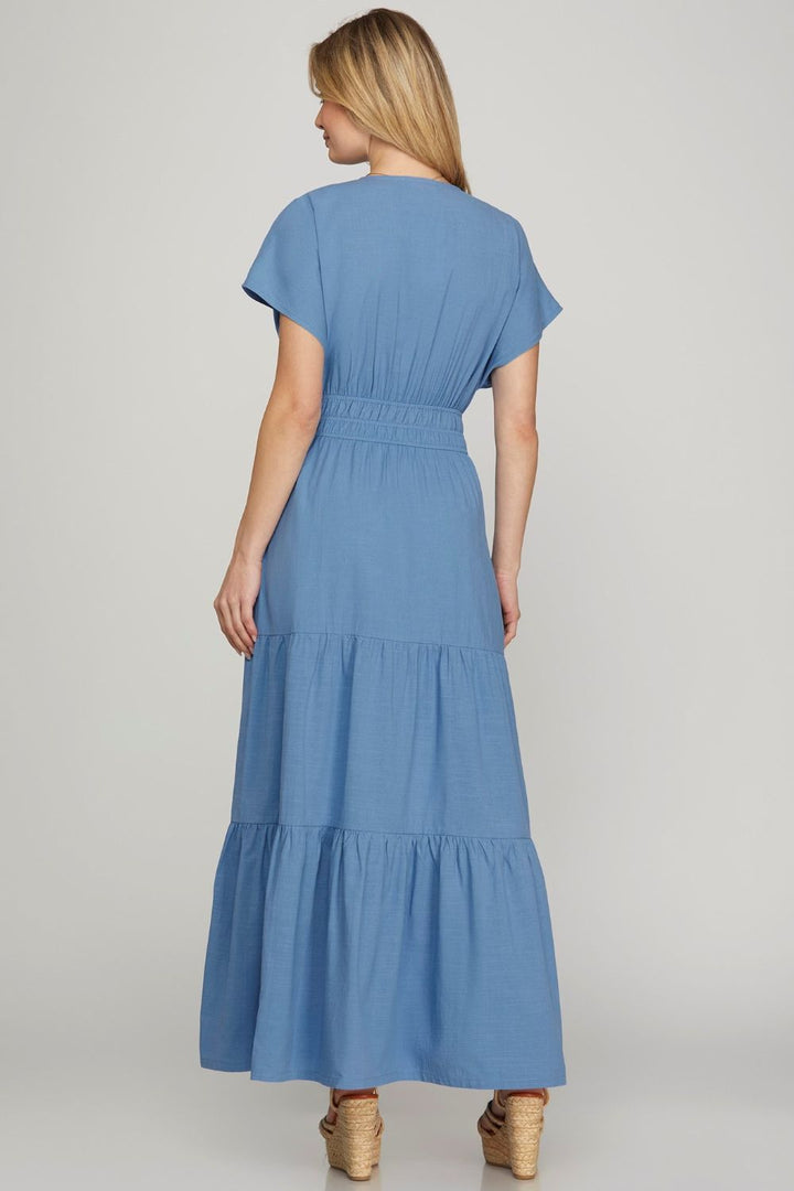 She + Sky Surplice Short Sleeve Tiered Maxi Dress With Pockets Maxi Dresses