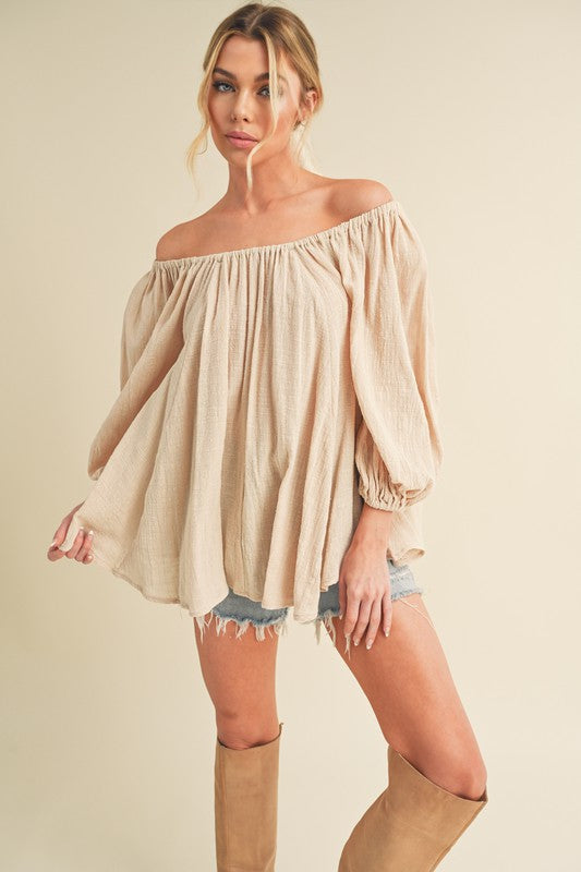 Aemi + Co Off-Shoulder Balloon Sleeve Blouse Oatmeal Tops