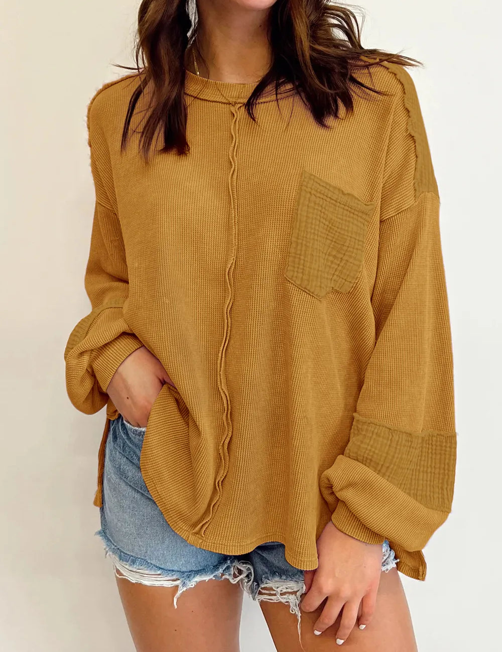 Camel Exposed Seam Round Neck Long Sleeve Sweatshirt | Daverri Fashions