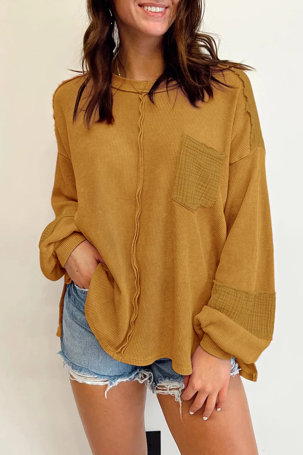 Camel Exposed Seam Round Neck Long Sleeve Sweatshirt | Daverri Fashions
