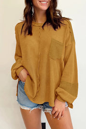 Camel Exposed Seam Round Neck Long Sleeve Sweatshirt | Daverri Fashions