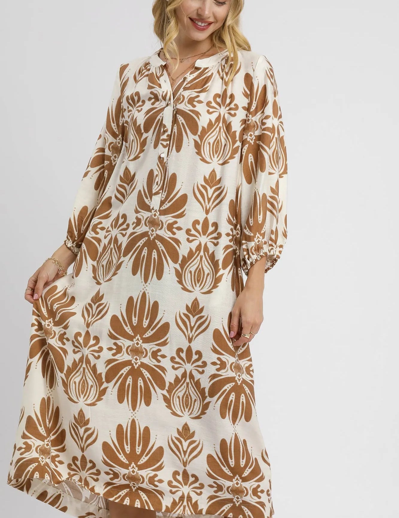 TAUPE MIX Umgee Mix Abstract Floral Print Midi Dress | Midi Dresses Daverri Fashions