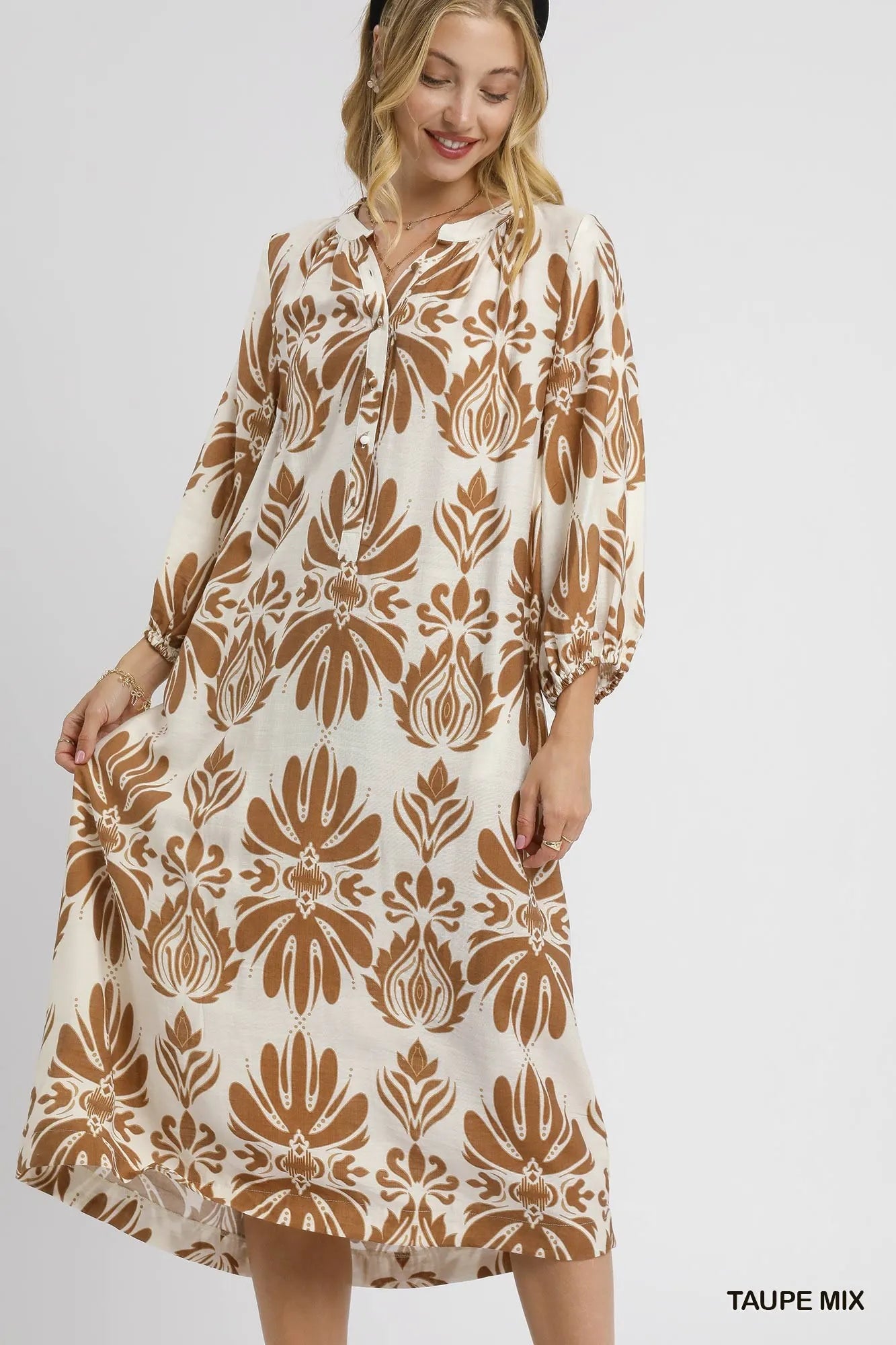 TAUPE MIX Umgee Mix Abstract Floral Print Midi Dress | Midi Dresses Daverri Fashions