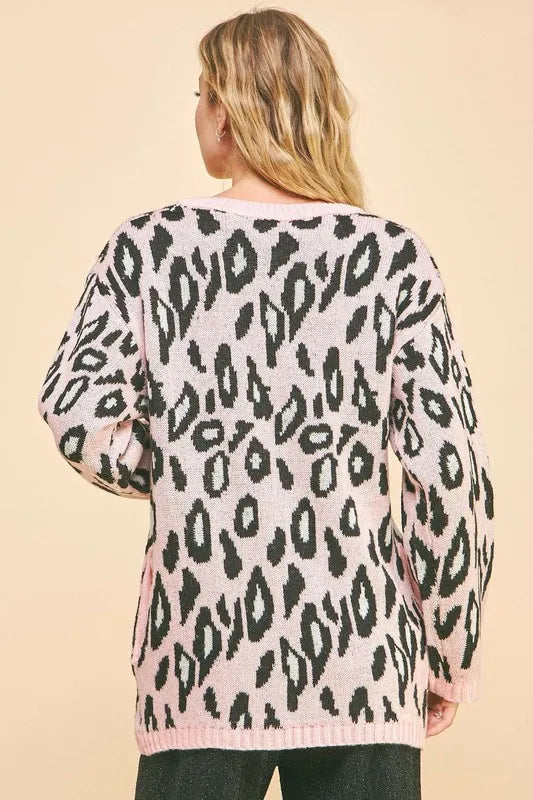 Davi & Dani Leopard Ribbon Tie Front Loose Fit Cardigan Cardigans