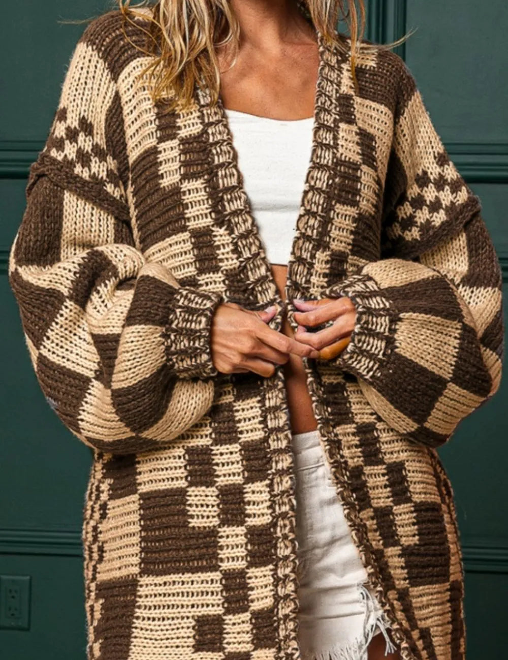 Checkered Open Front Long Sleeve Cardigan | Cardigans Daverri Fashions