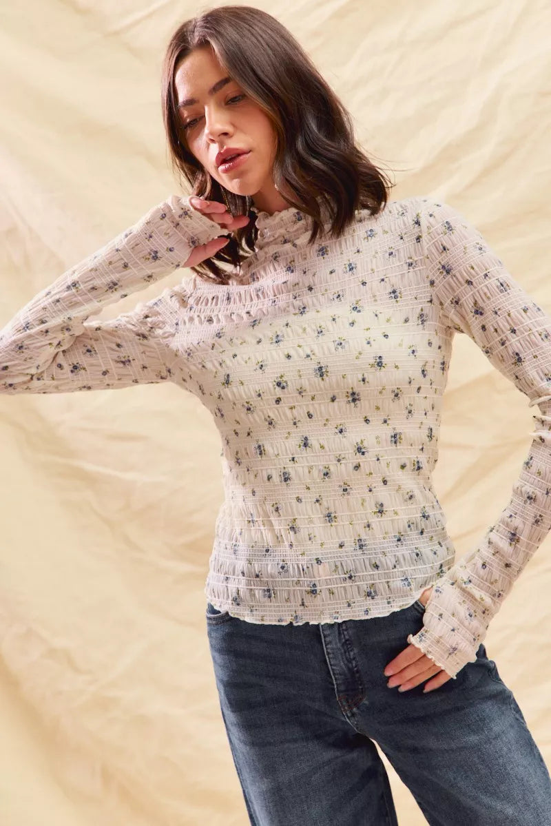 SO ME floral print textured long sleeve knit top in cream with black pattern