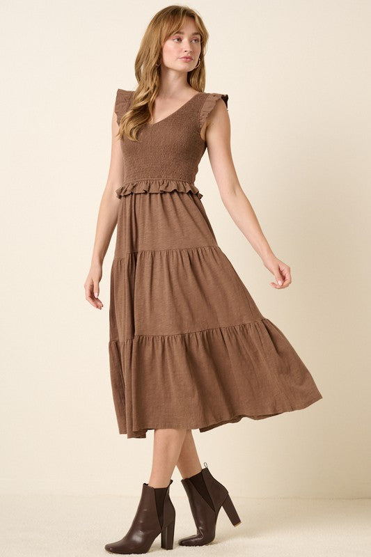 Mittoshop Brown Smocked Ruffled Tiered Midi Dress Midi Dresses