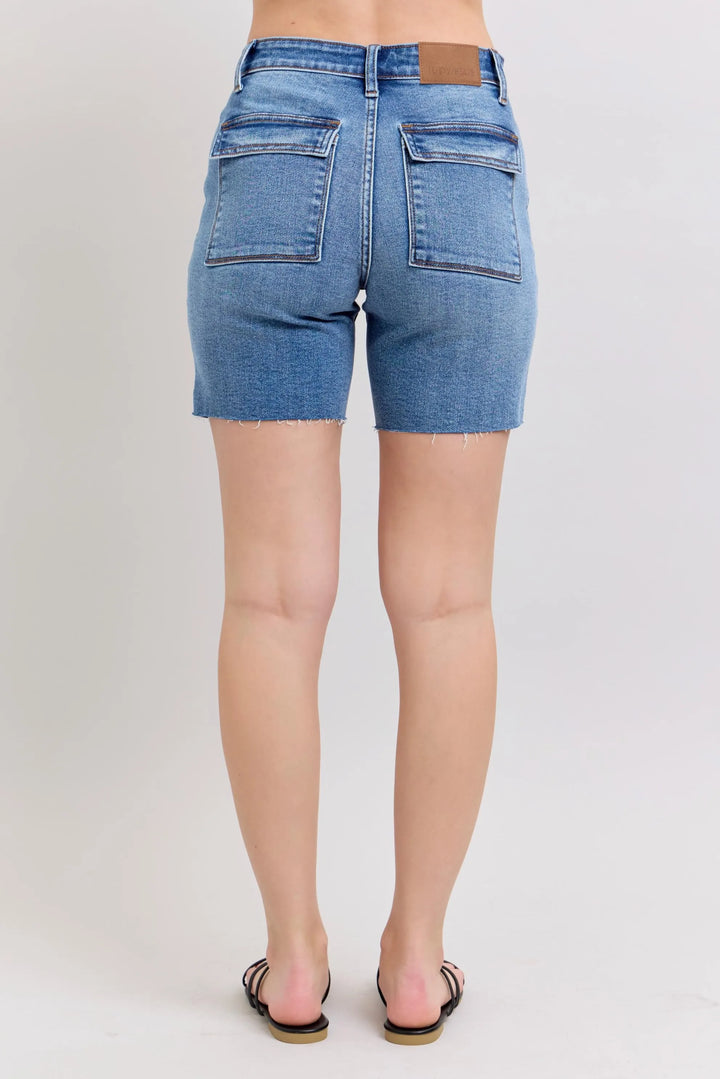 Judy Blue Full Size Mid Rise Bermudas Denim Shorts W/ Back Flap Pockets Plus Size Denim Shorts