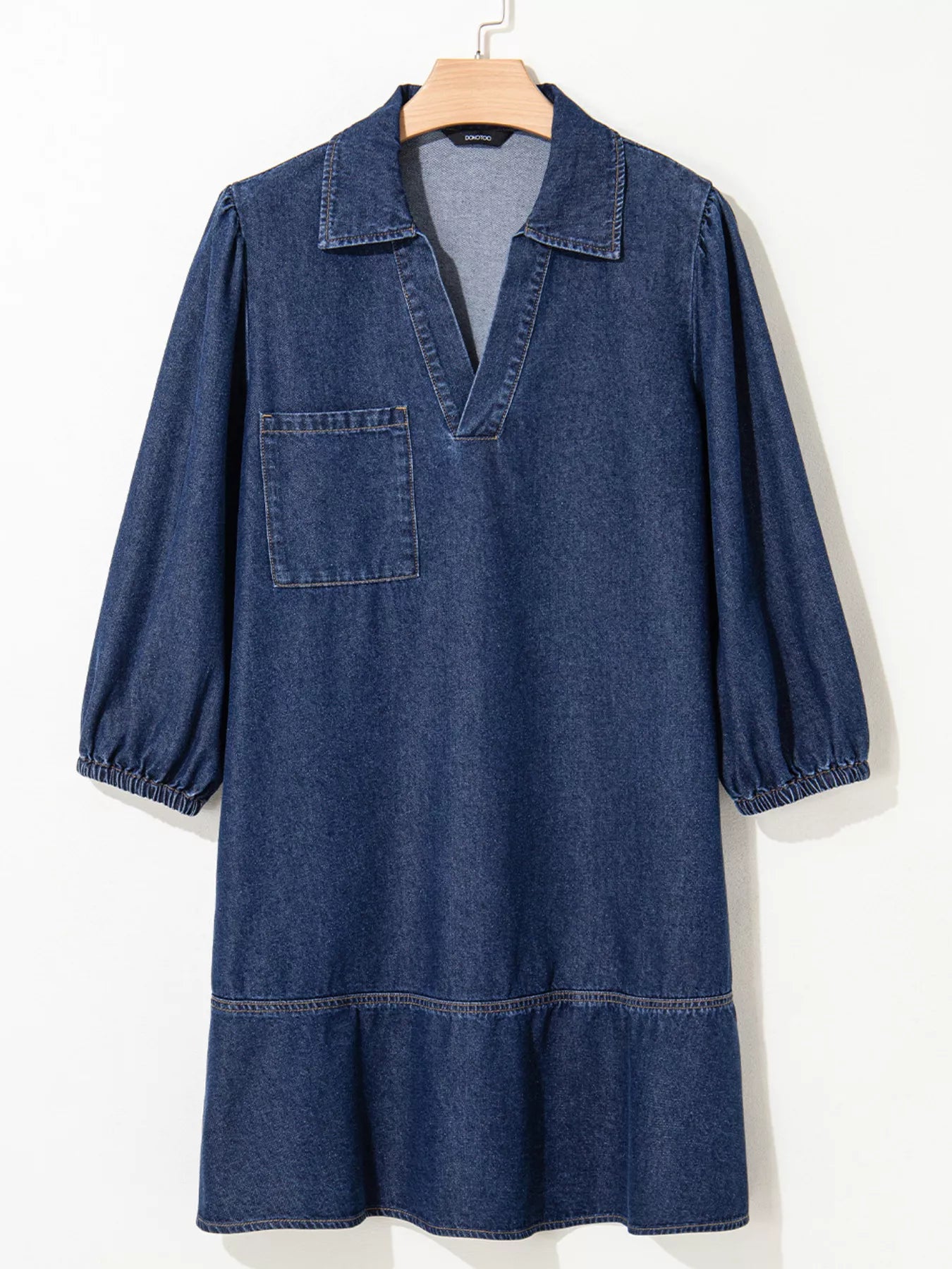 V Neck Collared Single Chest Pocket Long Sleeve Denim Dress | Mini Dresses Daverri Fashions