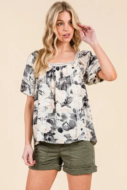 Lime 'N' Chili Floral Print Lace Trim Puff Sleeve Blouse - DAVERRI FASHIONS