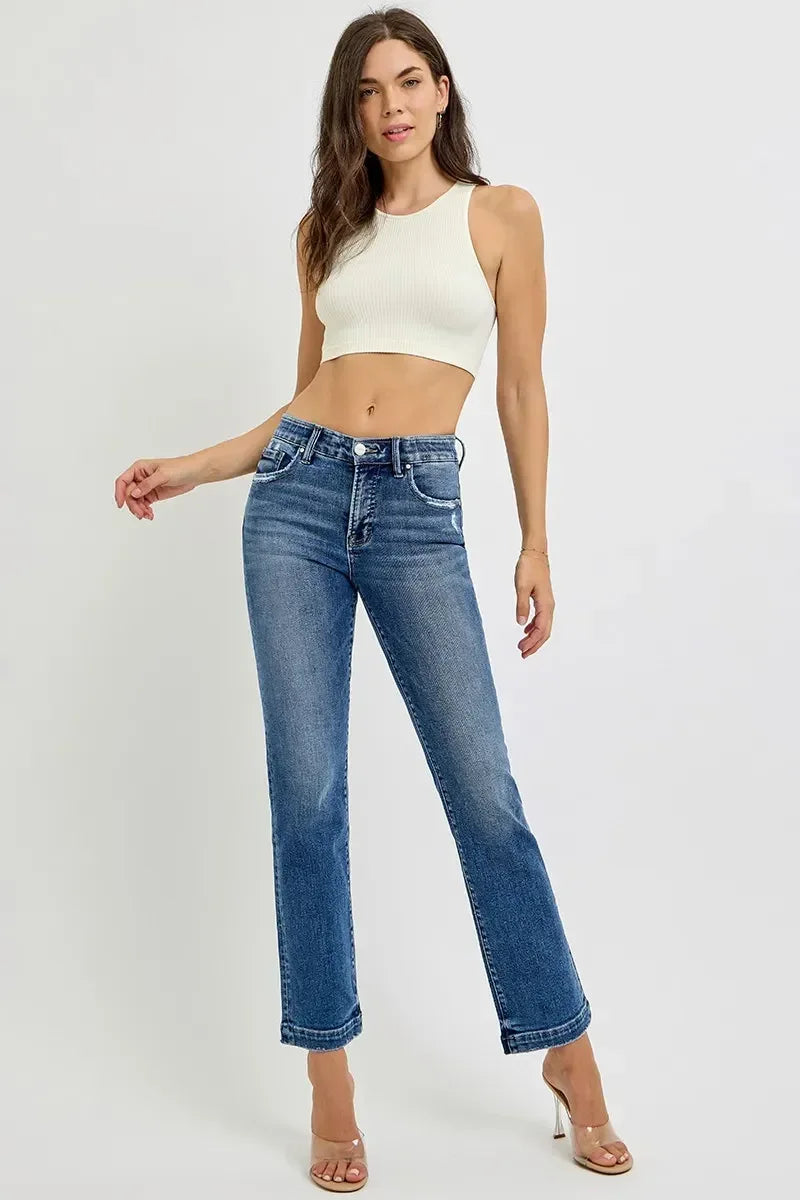 RISEN Full Size Tummy Control Elastic Band Mid Rise Straight Jeans - DAVERRI FASHIONS