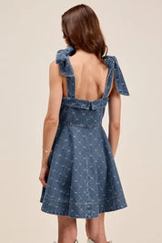 SO ME A Line Fit and Flare Diamond Bow Ribbon Denim Dres | Mini Dresses Daverri Fashions